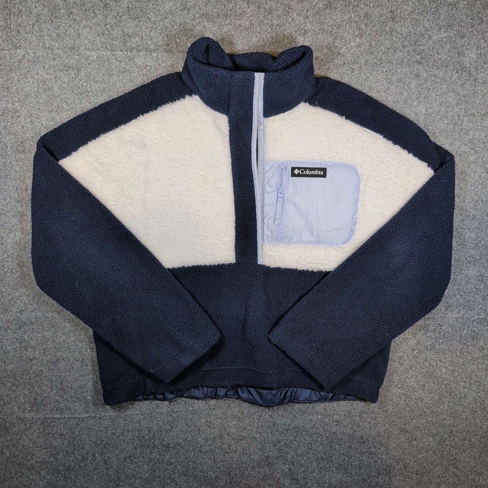 Columbia Sherpa Fleece Pullover Womens XL Navy Cream Half Snap Colorblock - Picture 1 of 4
